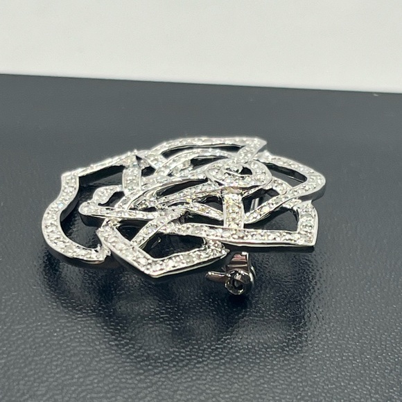 Sterling silver diamond rose flower brooch pin - Picture 5 of 14